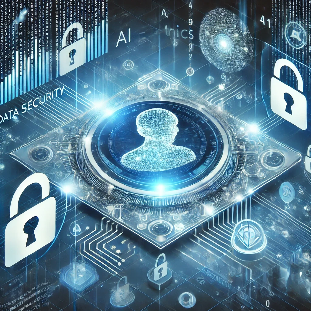 DALL·E 2025 01 29 14.46.06 An illustration for an article about AI ethics and data security. The image should depict a holographic AI interface analyzing encrypted data, with se