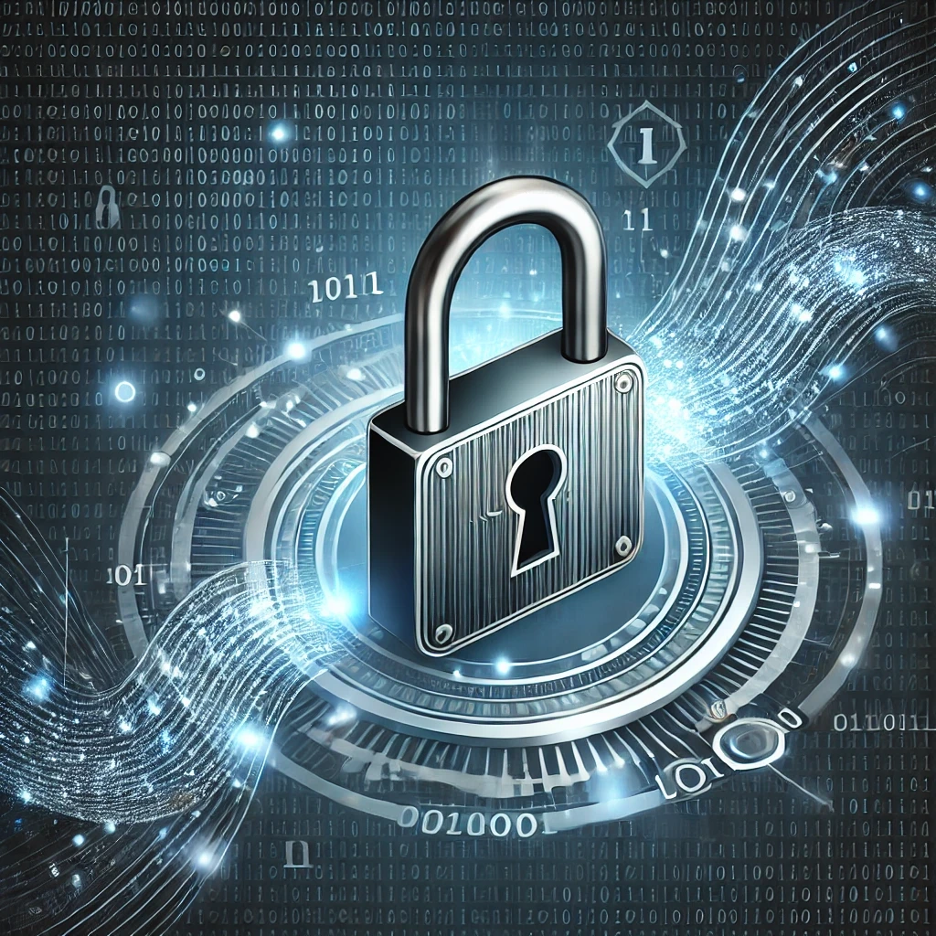DALL·E 2025 01 22 11.03.50 A sleek and modern cover image for a blog article about data security and cryptography. The image features a digital lock surrounded by abstract glowi